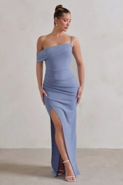 Tullulah | Blue Asymmetric Draped Maxi Dress With Split -ENY Clothing Shop WB CL129326 TullulahIceBlueAsymmetricDrapedMaxiDressWithSplit0