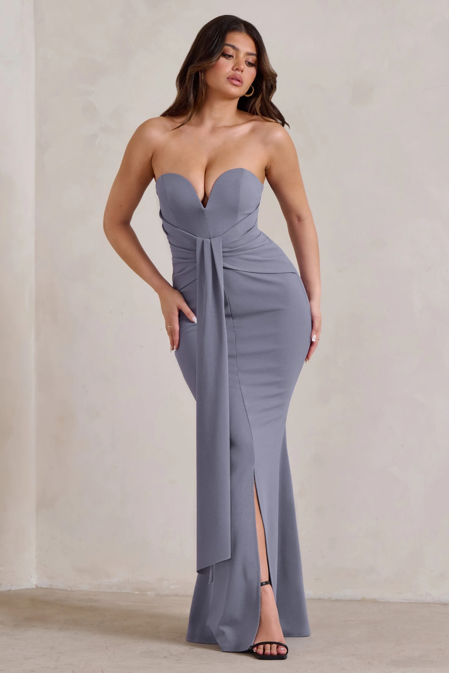Carrie | Grey Sweetheart Neckline Maxi Dress With Statement Tie 3 Carrie | Grey Sweetheart Neckline Maxi Dress With Statement Tie