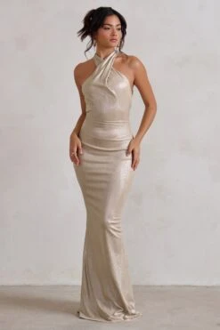 Unstoppable | Champagne Metallic Cross Over Halterneck Maxi Dress -ENY Clothing Shop WB CL129335 UnstoppableChampagneMetallicCrossOverHalterneckMaxiDress1