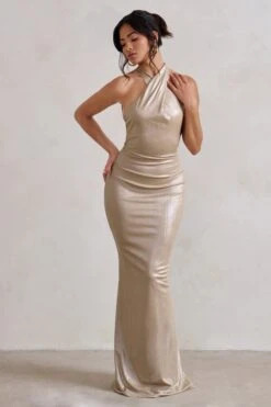 Unstoppable | Champagne Metallic Cross Over Halterneck Maxi Dress -ENY Clothing Shop WB CL129335 UnstoppableChampagneMetallicCrossOverHalterneckMaxiDress4