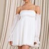 Daydream | White Satin Babydoll Mini Dress With Chiffon Sleeves -ENY Clothing Shop WB CL129351005 Daydream WhiteSatinBabydollMiniDressWithChiffonSleeves1
