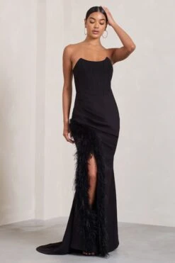 Say Yes | Black Corset Maxi Dress With Split Feather Skirt -ENY Clothing Shop WB CL129356002 SayYes BlackCorsetMaxiDressWithSplitFeatherSkirt0