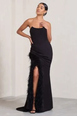 Say Yes | Black Corset Maxi Dress With Split Feather Skirt -ENY Clothing Shop WB CL129356002 SayYes BlackCorsetMaxiDressWithSplitFeatherSkirt4