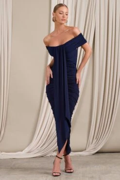 Camrin | Navy Ruched Bardot Maxi Dress With Train Detail -ENY Clothing Shop WB CL129362015 Camrin NavyRuchedBardotMaxiDressWithTrainDetail0