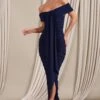 Camrin | Navy Ruched Bardot Maxi Dress With Train Detail -ENY Clothing Shop WB CL129362015 Camrin NavyRuchedBardotMaxiDressWithTrainDetail2