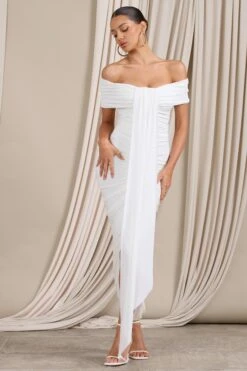 Camrin | White Ruched Bardot Maxi Dress With Train Detail -ENY Clothing Shop WB CL129362028 CamrinWhiteRuchedBardotMaxiDressWithTrainDetail0