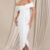 Camrin | White Ruched Bardot Maxi Dress With Train Detail -ENY Clothing Shop WB CL129362028 CamrinWhiteRuchedBardotMaxiDressWithTrainDetail1