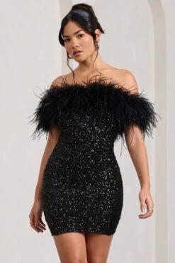 New Money | Black Bodycon Sequin Mini Dress With Feather Trim -ENY Clothing Shop WB CL129364002 NewMoney BlackBodyconSequinMiniDressWithFeatherTrim2