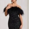 New Money | Black Bodycon Sequin Mini Dress With Feather Trim -ENY Clothing Shop WB CL129364002 NewMoney BlackBodyconSequinMiniDressWithFeatherTrim3