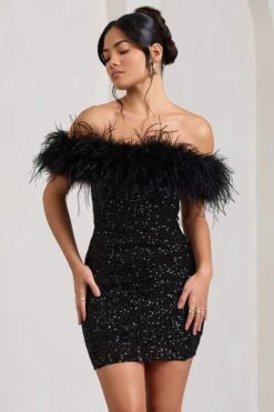 New Money | Black Bodycon Sequin Mini Dress With Feather Trim -ENY Clothing Shop WB CL129364002 NewMoney BlackBodyconSequinMiniDressWithFeatherTrim4