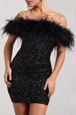 New Money | Black Bodycon Sequin Mini Dress With Feather Trim -ENY Clothing Shop WB CL129364002 NewMoney BlackBodyconSequinMiniDressWithFeatherTrim6