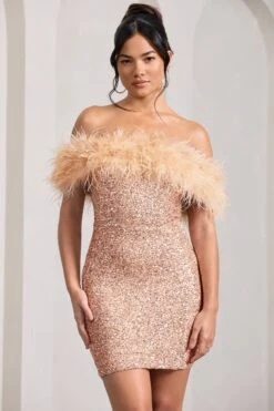 New Money | Gold Bodycon Sequin Mini Dress With Feather Trim -ENY Clothing Shop WB CL129364007 NewMoneyGoldBodyconSequinMiniDressWithFeatherTrim0