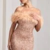New Money | Gold Bodycon Sequin Mini Dress With Feather Trim -ENY Clothing Shop WB CL129364007 NewMoneyGoldBodyconSequinMiniDressWithFeatherTrim1