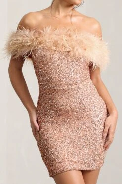 New Money | Gold Bodycon Sequin Mini Dress With Feather Trim -ENY Clothing Shop WB CL129364007 NewMoneyGoldBodyconSequinMiniDressWithFeatherTrim2 98d24c63 ed62 47f0 9fdf c2d7ea47a83b