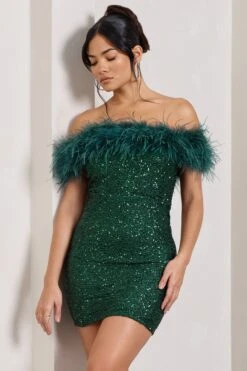 New Money | Green Bodycon Sequin Mini Dress With Feather Trim -ENY Clothing Shop WB CL129364014 NewMoneyGreenBodyconSequinMiniDressWithFeatherTrim1