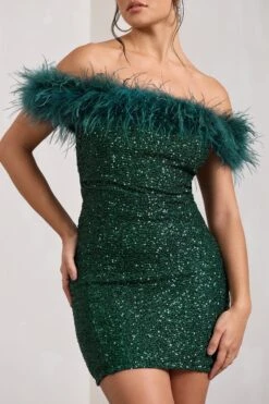 New Money | Green Bodycon Sequin Mini Dress With Feather Trim -ENY Clothing Shop WB CL129364014 NewMoneyGreenBodyconSequinMiniDressWithFeatherTrim3