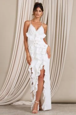 Clematis | White Lace Strappy Ruffled Maxi Dress -ENY Clothing Shop WB CL129366005 ClematisWhiteLaceStrappyRuffledMaxiDress1