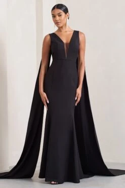 Rosaline | Black Plunging Fishtail Maxi Dress With Cape -ENY Clothing Shop WB CL129377002 Rosaline BlackPlungingFishtailMaxiDressWithCape4 4f8e2eda 94a4 410b 8cf3 95880d25c15f