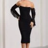 Favor | Black Ruched Mesh Bardot Midi Dress -ENY Clothing Shop WB CL129388002 Favor BlackRuchedMeshBardotMidiDress0