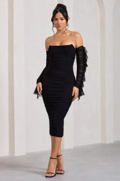 Favor | Black Ruched Mesh Bardot Midi Dress -ENY Clothing Shop WB CL129388002 Favor BlackRuchedMeshBardotMidiDress2