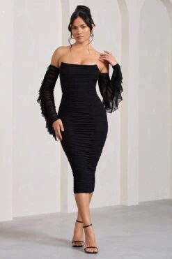 Favor | Black Ruched Mesh Bardot Midi Dress -ENY Clothing Shop WB CL129388002 Favor BlackRuchedMeshBardotMidiDress4