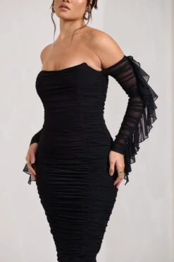 Favor | Black Ruched Mesh Bardot Midi Dress -ENY Clothing Shop WB CL129388002 Favor BlackRuchedMeshBardotMidiDress6