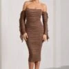 Favor | Mocha Ruched Mesh Bardot Midi Dress -ENY Clothing Shop WB CL129388038 Favor MochaRuchedMeshBardotMidiDress0