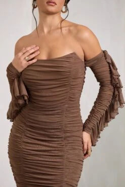 Favor | Mocha Ruched Mesh Bardot Midi Dress -ENY Clothing Shop WB CL129388038 Favor MochaRuchedMeshBardotMidiDress2