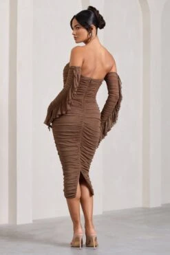 Favor | Mocha Ruched Mesh Bardot Midi Dress -ENY Clothing Shop WB CL129388038 Favor MochaRuchedMeshBardotMidiDress5