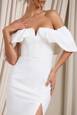 Graces | White Structured Bardot Split Maxi Dress -ENY Clothing Shop WB CL129394005 GraceWhiteStructuredBardotSplitMaxiDress4