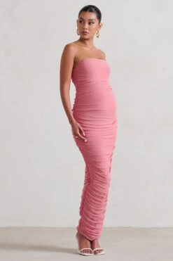 My Lady | Maternity Blush Pink Strapless Bodycon Ruched Mesh Maxi Dress -ENY Clothing Shop WB CL129396 MyLadyMaternityBlushPinkStraplessBodyconRuchedMeshMidiDress0