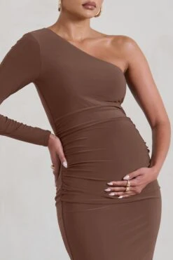 Paloma | Brown Maternity One Sleeve Asymmetric Maxi Dress -ENY Clothing Shop WB CL129400 PalomaChocolateMaternityOneSleeveAsymmetricMaxiDress3 3c78b370 100e 4d2f b069 3f3694851923