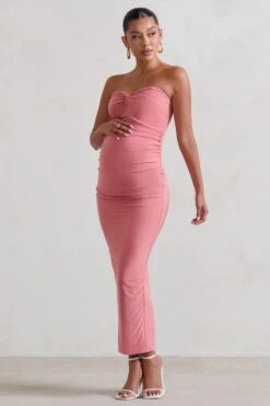 Evita | Pink Maternity Sweetheart Twist Detail Midi Dress -ENY Clothing Shop WB CL129401 EvitaBlushPinkMaternitySweetheartTwistDetailMaxiDress3