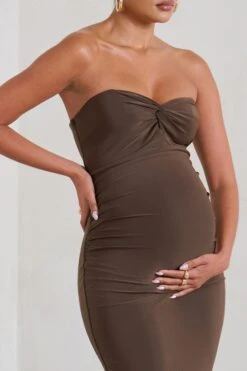 Evita | Brown Maternity Sweetheart Twist Detail Midi Dress -ENY Clothing Shop WB CL129401 EvitaChocolateMaternitySweetheartTwistDetailMaxiDress4 25ddbbce f214 48bd 85a5 e77d1b3c626e