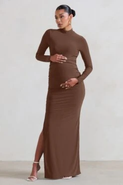 Alejandra | Brown Maternity Long Sleeve High Neck Maxi Dress -ENY Clothing Shop WB CL129402 AlejandraBrownMaternityLongSleeveHighNeckMaxiDress3 ca5ea2a6 7347 4cfa be58 994c782dc33e