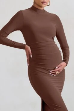 Alejandra | Brown Maternity Long Sleeve High Neck Maxi Dress -ENY Clothing Shop WB CL129402 AlejandraBrownMaternityLongSleeveHighNeckMaxiDress4 7ad6a1eb 318d 4391 941f c69d6df13e65