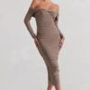 Neva | Mocha Bardot Twist Midi Dress -ENY Clothing Shop WB CL129406 Neva MochaBardotTwistMidiDress4