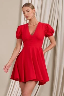 Si Si | Red V-Neck Puff-Sleeved Buttoned Mini Dress -ENY Clothing Shop WB CL129412004 SiSiRedV NeckPuff SleevedButtonedMiniDress3