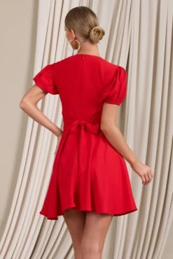 Si Si | Red V-Neck Puff-Sleeved Buttoned Mini Dress -ENY Clothing Shop WB CL129412004 SiSiRedV NeckPuff SleevedButtonedMiniDress5