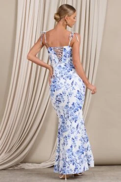 Canaiolo | Blue Floral Strappy Corset Split Maxi Dress -ENY Clothing Shop WB CL129418144 CanaioloBlueFloralStrappyCorsetSplitMaxiDress6