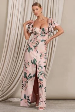 Signorina | Pink Floral Buttoned Maxi Dress With Flounced Short Sleeves 9 Signorina | Pink Floral Buttoned Maxi Dress With Flounced Short Sleeves -ENY Clothing Shop WB CL129421146 SignorinaPinkFloralButtonedMaxiDressWithFlouncedShortSleeves1