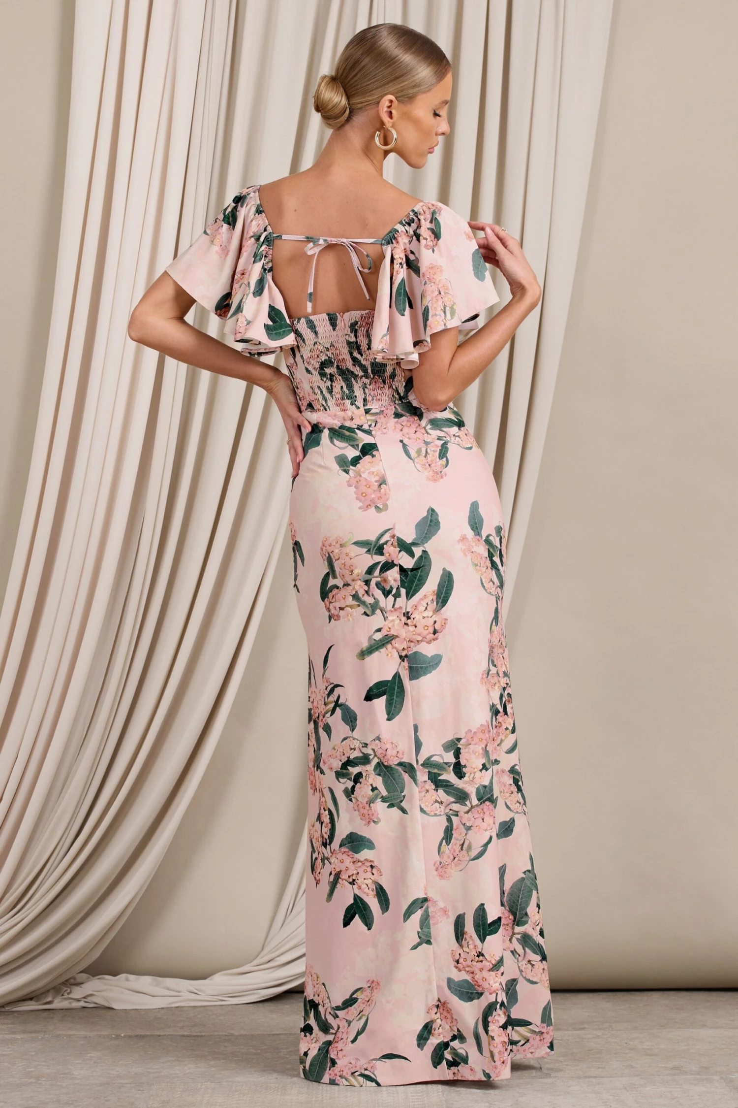 Signorina | Pink Floral Buttoned Maxi Dress With Flounced Short Sleeves 4 Signorina | Pink Floral Buttoned Maxi Dress With Flounced Short Sleeves - Image 2