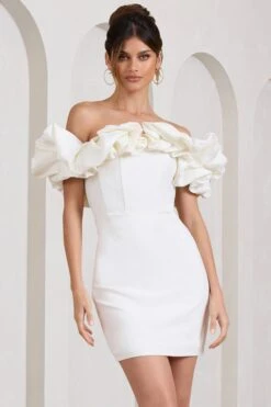 Dawn | White Ruffled Bardot Mini Dress -ENY Clothing Shop WB CL129435005 DawnWhiteRuffledBardotMiniDress0 107f542e b85c 4735 87eb fde6046da4e3