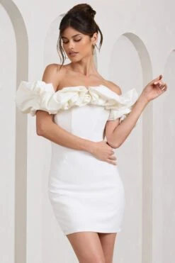 Dawn | White Ruffled Bardot Mini Dress -ENY Clothing Shop WB CL129435005 DawnWhiteRuffledBardotMiniDress3 6a9a0448 9869 4155 aa4c 6fea74df7ba7