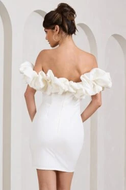 Dawn | White Ruffled Bardot Mini Dress -ENY Clothing Shop WB CL129435005 DawnWhiteRuffledBardotMiniDress5 7c3f6988 cba8 49d4 8384 c353cb27c866