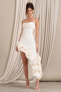 Florence | Off White Satin Asymmetric Ruffle Cowl Midi Dress -ENY Clothing Shop WB CL129436080 FlorenceOffWhiteSatinAsymmetricRuffleCowlMidiDress2