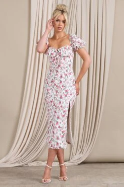 Two Scoops | Pink Floral Puff-Sleeved Corset Split Midi Dress -ENY Clothing Shop WB CL129480147 TwoScoopsPinkFloral3