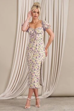 Two Scoops | Yellow Floral Puff-Sleeved Corset Split Midi Dress