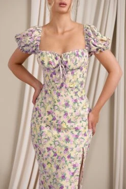 Two Scoops | Yellow Floral Puff-Sleeved Corset Split Midi Dress -ENY Clothing Shop WB CL129480147 TwoScoops YellowFloral6