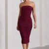 My Girl | Burgundy Bandeau Bodycon Ruched Mesh Midi Dress